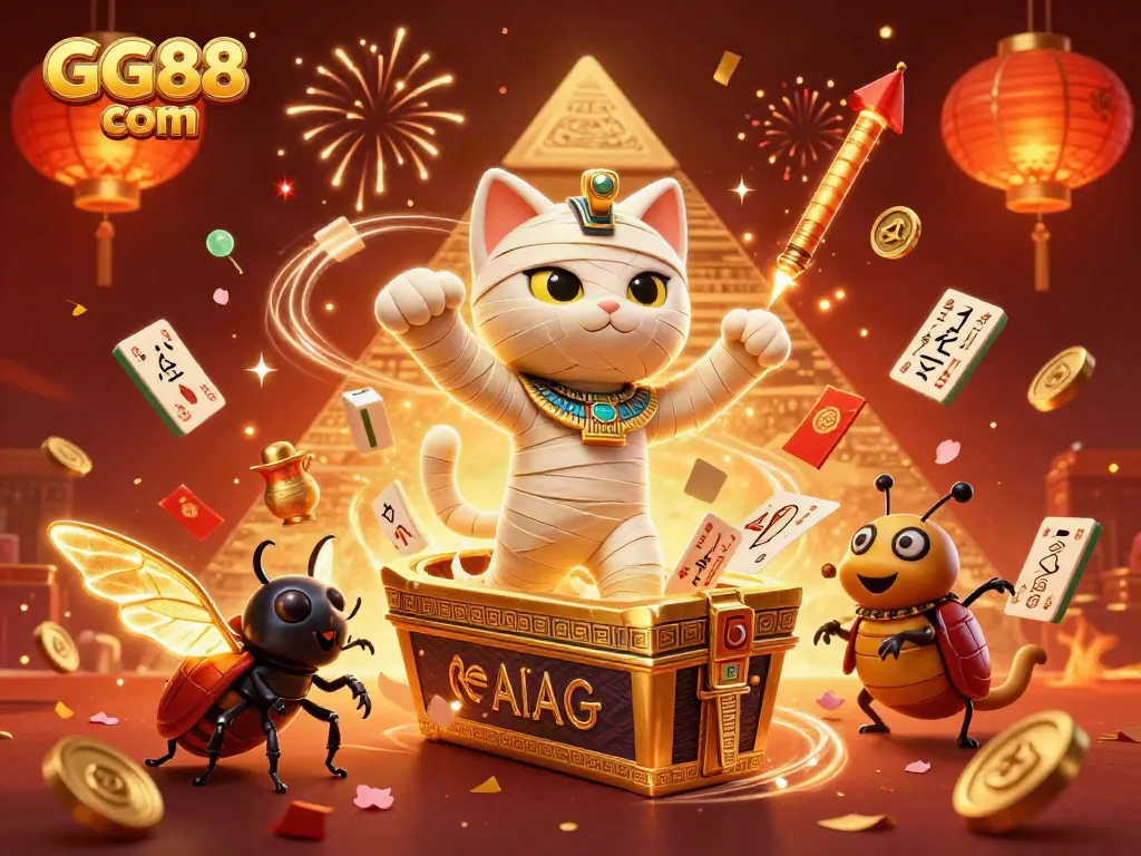 Experience the excitement of GG88 com with a dynamic scene featuring an Egyptian mummy cat and casino elements.