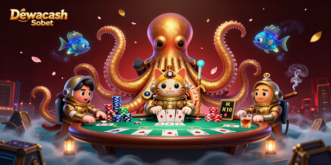 This vibrant illustration captures the excitement of Dewacash Sbobet, featuring a kraken, diving cat, and poker elements!