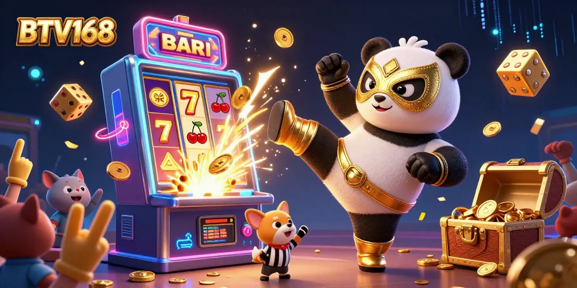 BTV168 showcases an exciting 3D illustration of a panda wrestler flying through the air among dynamic casino elements.