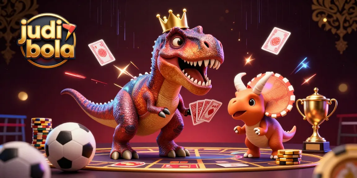 Engage in judi bola with vibrant sports elements and playful dinosaur characters in a lively casino scene