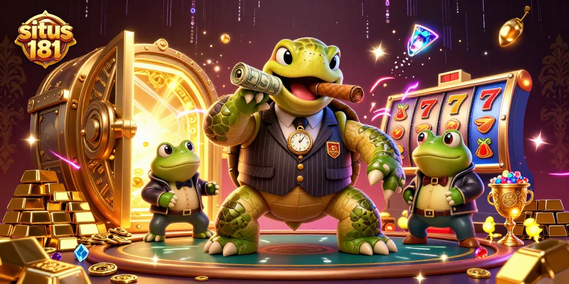 Experience the thrills of situs 181 with vibrant casino elements surrounding a lively turtle and bullfrogs.