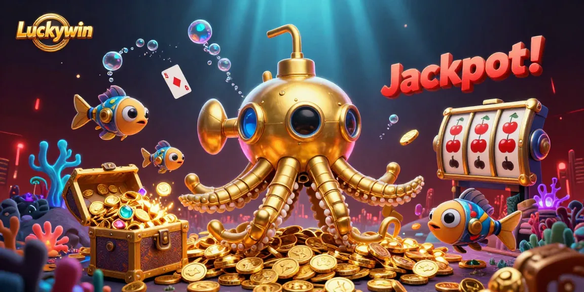 Luckywin casino illustration showcasing a kraken submarine amidst floating slot games and gold coins.