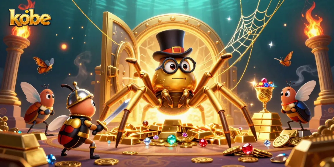 Kobe's vibrant casino adventure features a giant golden tarantula and brave beetle knight in a stunning 3D scene.