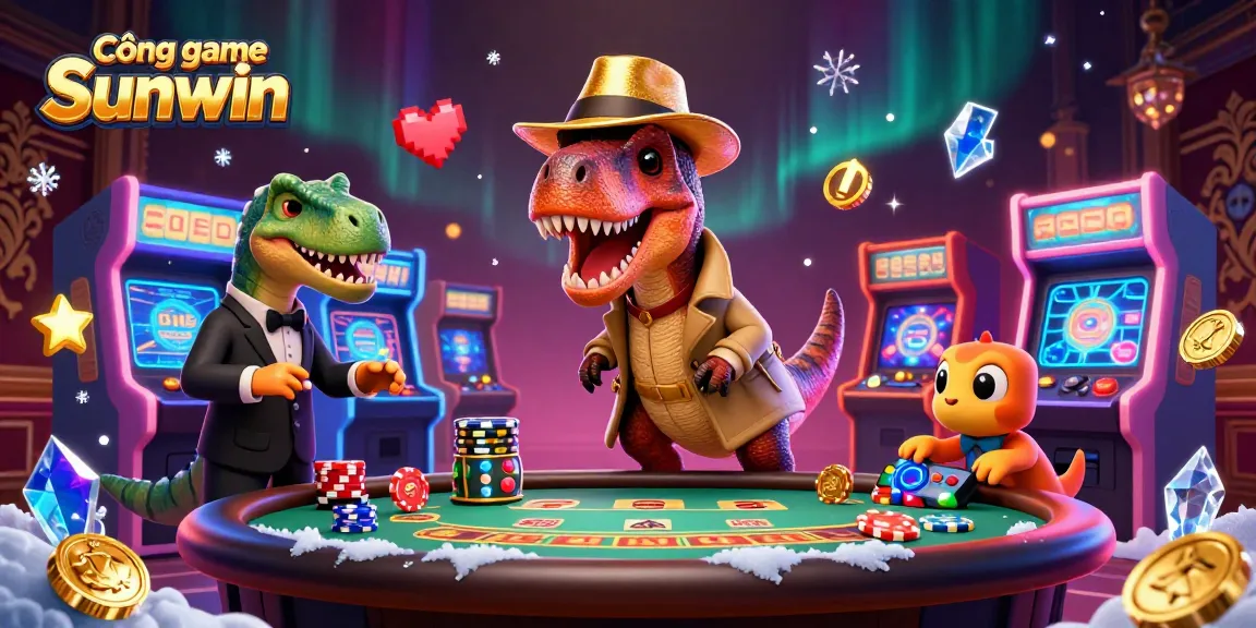 Cổng game Sunwin illustrates a dinosaur-themed casino with card counter velociraptor and a sneaking compy.
