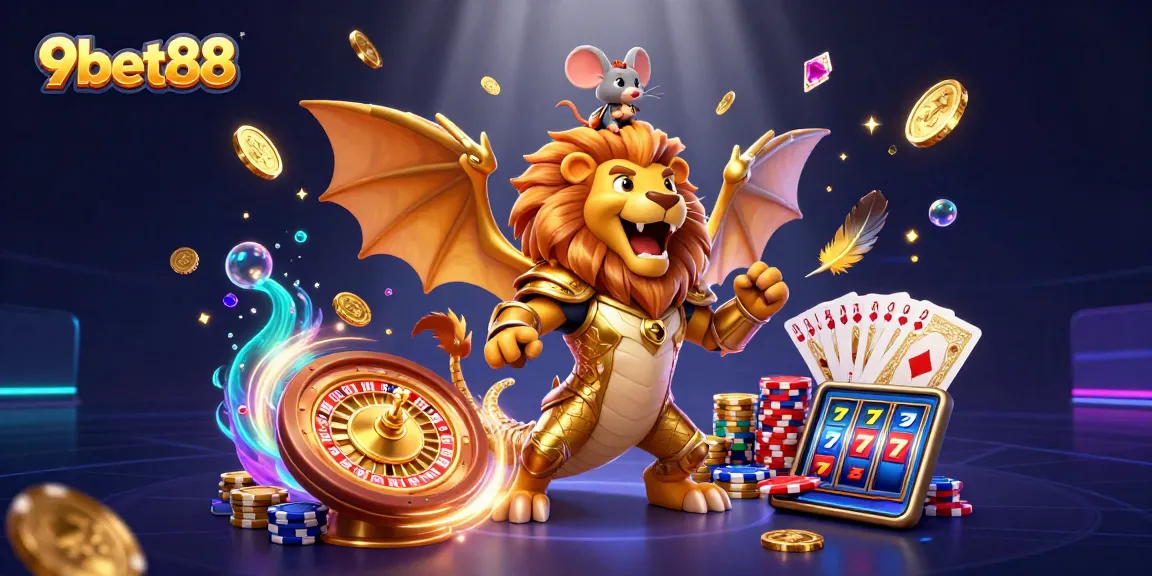 Engage in 9bet88 with a vibrant casino scene featuring a roaring chimera, golden coins, and dynamic game elements.