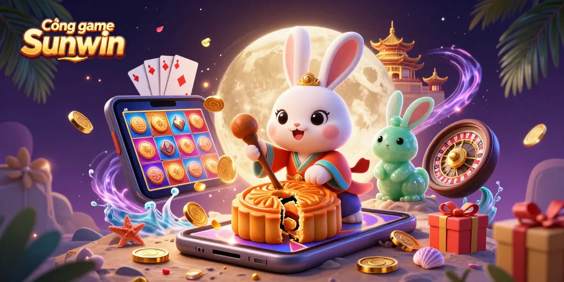 Cổng game Sunwin showcases a lively illustration with a moon rabbit and vibrant casino elements like poker chips and smartphones.