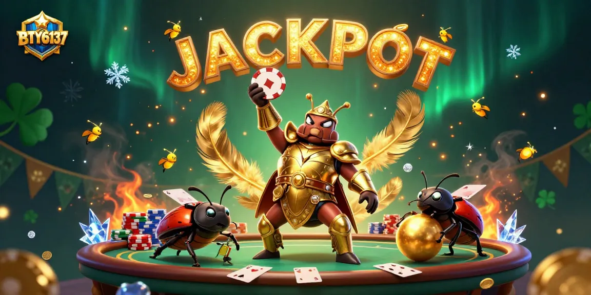 Engage with BTY6137 in a vibrant 3D scene featuring a gladiator beetle triumphantly holding a poker chip.