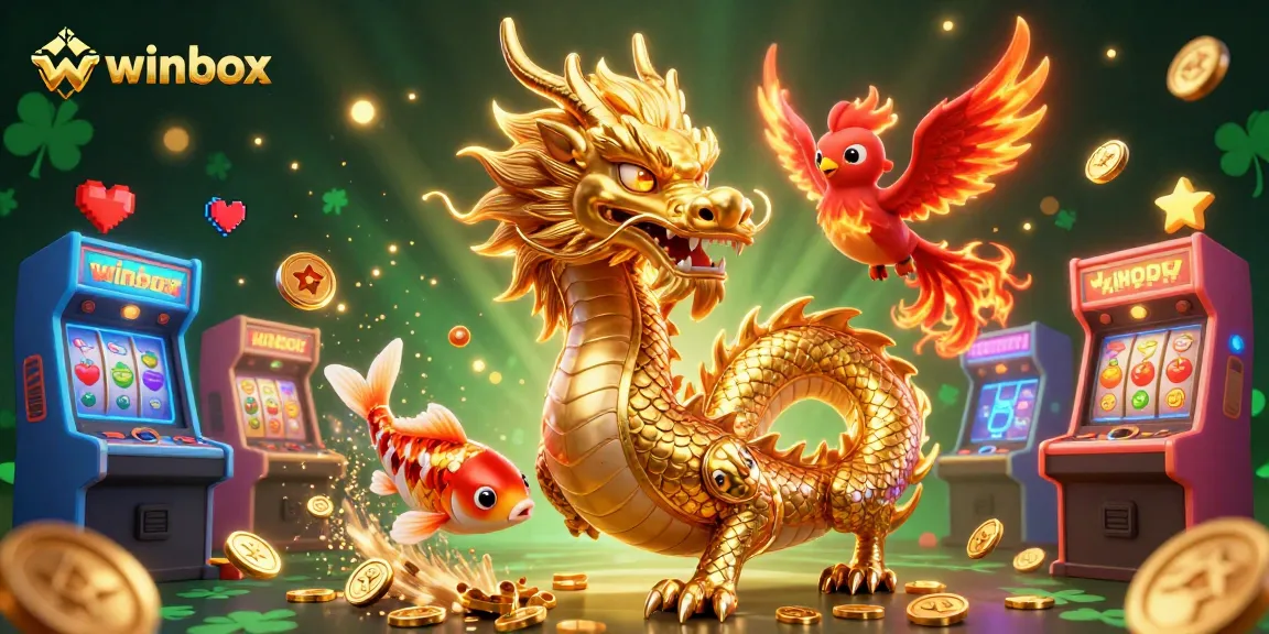 Winbox showcases dynamic casino action with a golden dragon, red phoenix, and koi fish amidst slot game elements.