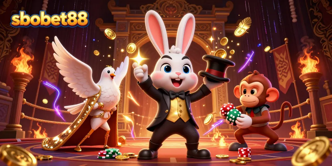 Experience the excitement of sbobet88 with a magician rabbit, dove, and monkey in a vibrant casino scene.