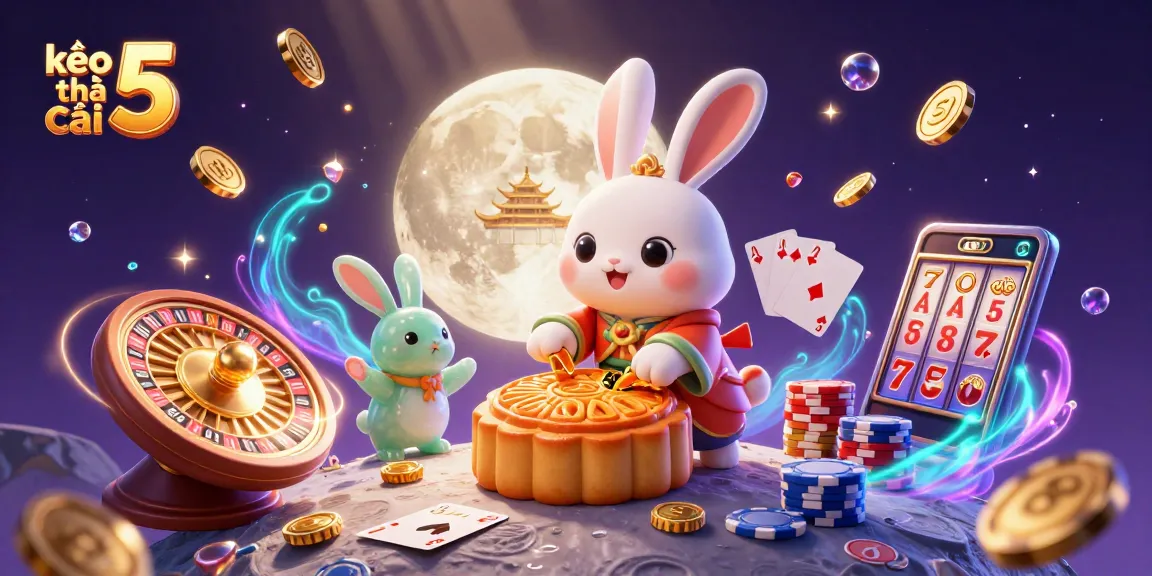 Experience the thrill of kèo nhà cái 5 with playful moon rabbits and dynamic casino elements in a vibrant scene.