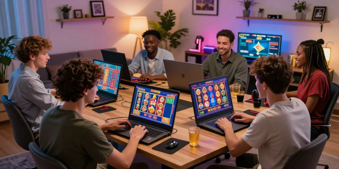 Exciting online gambling experience with diverse players engaging in situs judi slot games, highlighting vibrant gaming atmosphere and colorful screens.