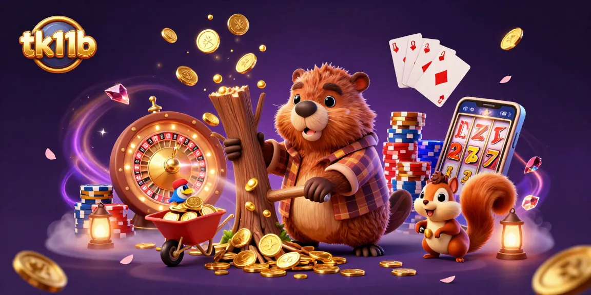 tk11b gambling scene featuring a beaver chopping a coin tree, a bird, and a squirrel with poker chips.