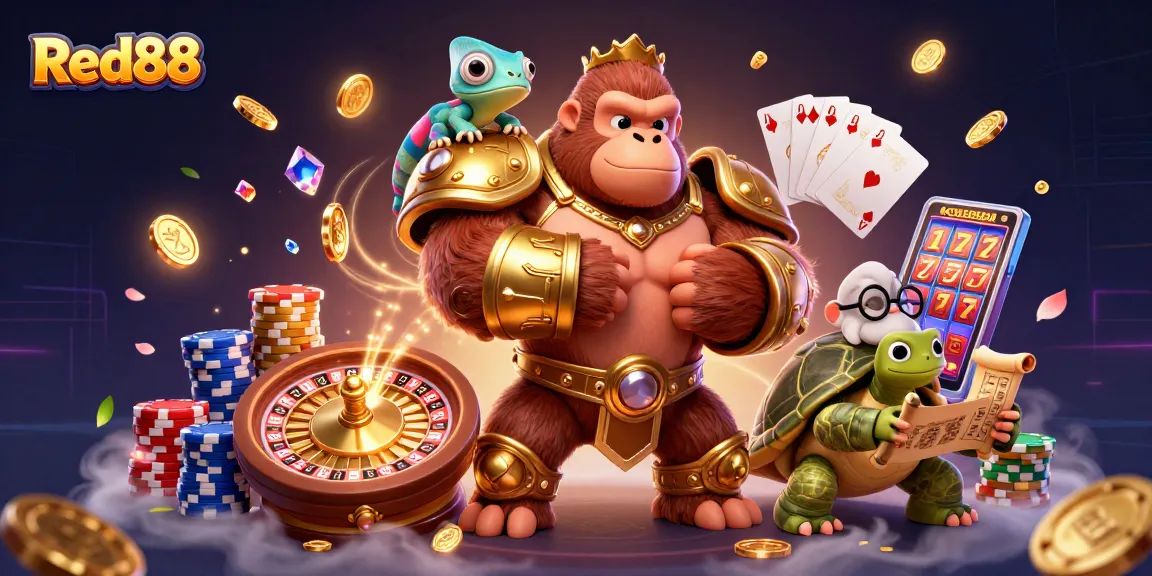 Experience the thrilling gaming realm of Red88 with vibrant characters and dynamic casino elements.