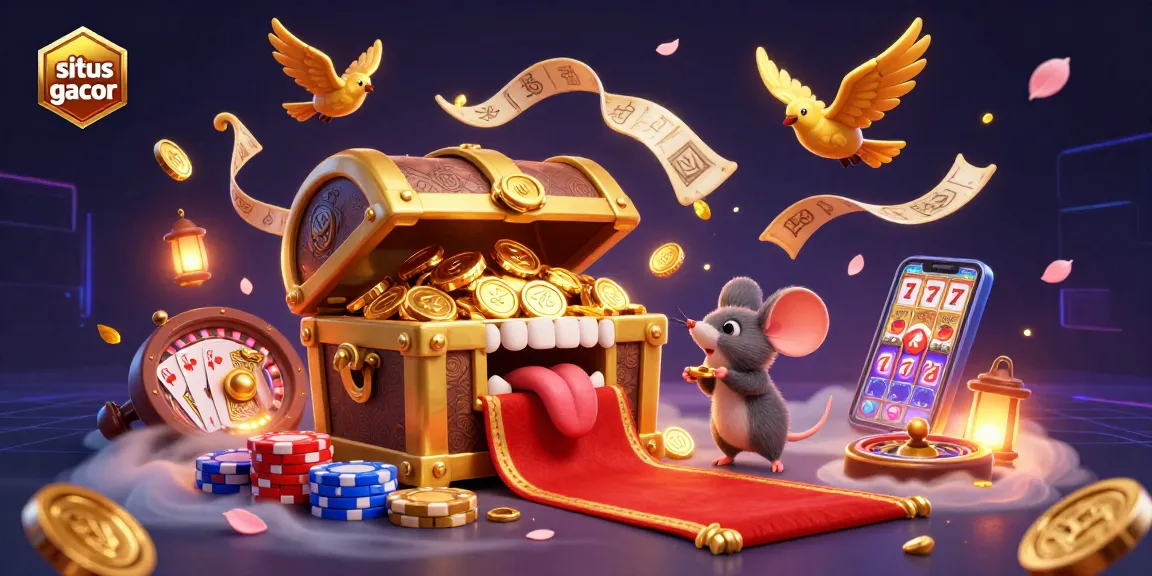 Engage with situs gacor through this immersive 3D illustration featuring a golden treasure chest and casino elements.
