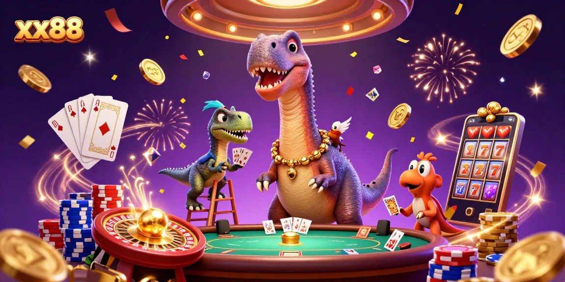 Experience the excitement of xx88 casino with a giant brontosaurus and a raptor dealer surrounded by vibrant game elements.